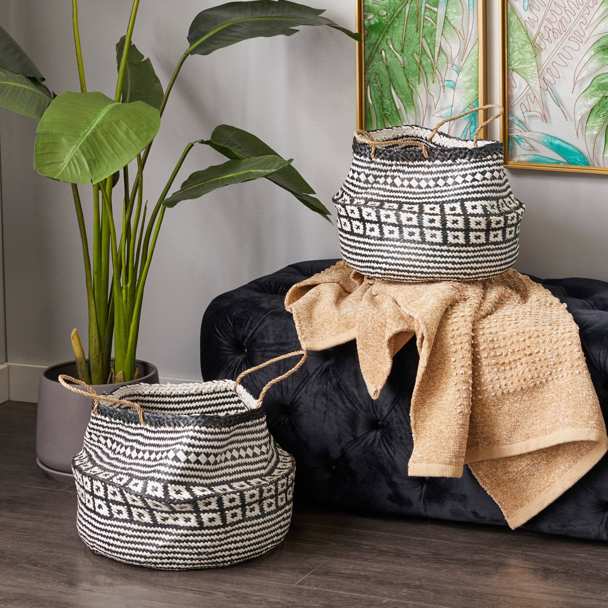 Black & White Boho Round Storage Basket Set